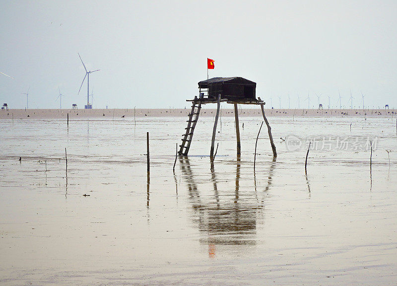 在天江省Tan Thanh海滩，瞭望塔照看渔民的蛤蜊